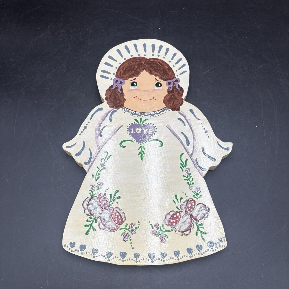 Vintage Hand Painted Folk Art Wooden Angel Cutout Wall Decoration Unique